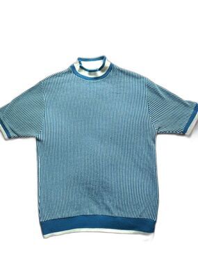 Vintage 60s 70s Sears Mock Neck Knit Top Blue Cream Striped Mod Short Sleeve